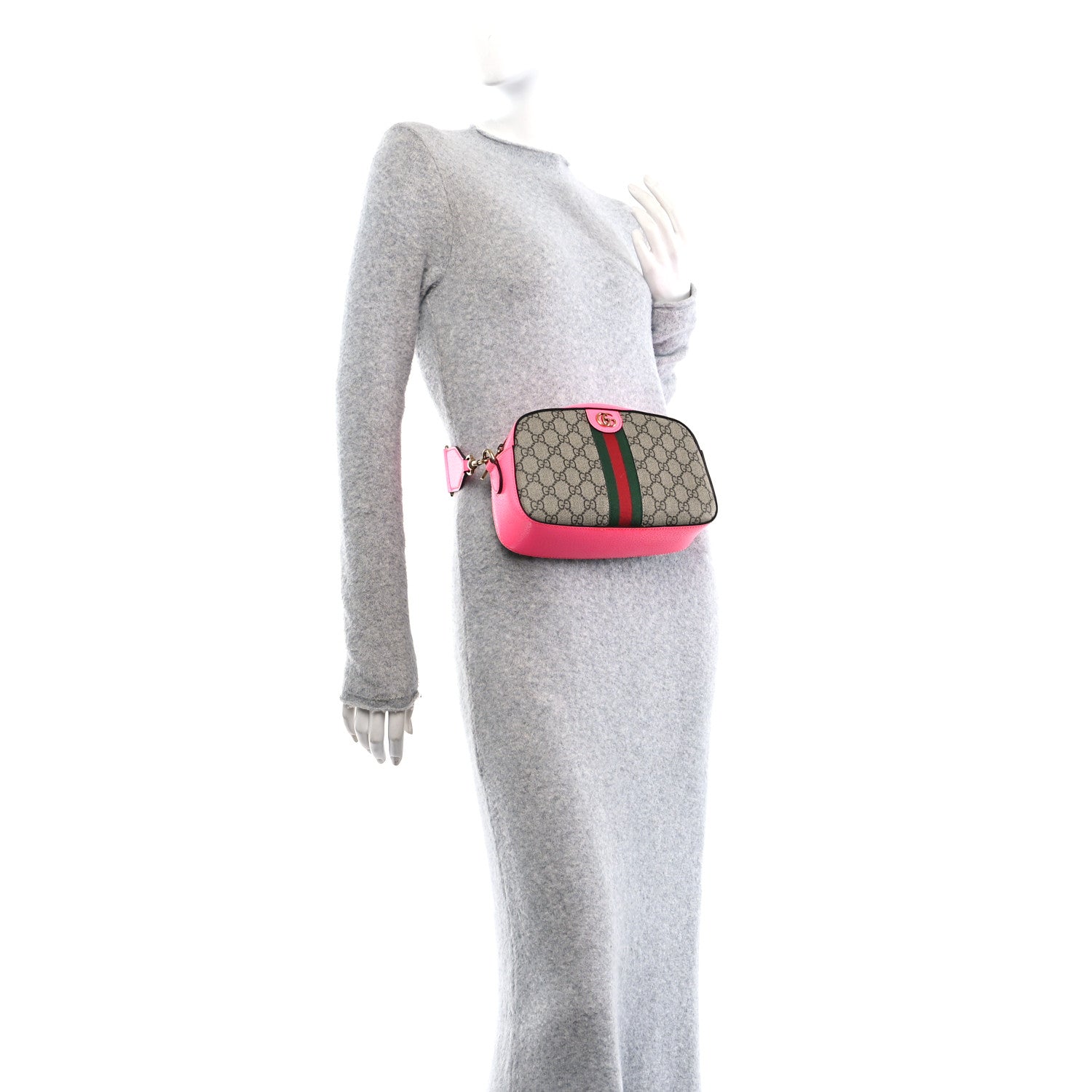 Gucci GG Supreme Monogram Textured Dollar Calfskin Web Ophidia Small Crossbody Bag Beige Ebony Fuchsia 2 of 10