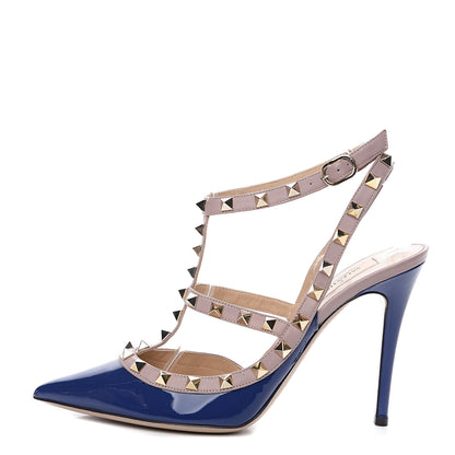 Valentino Garavani Patent Rockstud Ankle Strap Pumps 39.5 Navy Poudre 1 of 8
