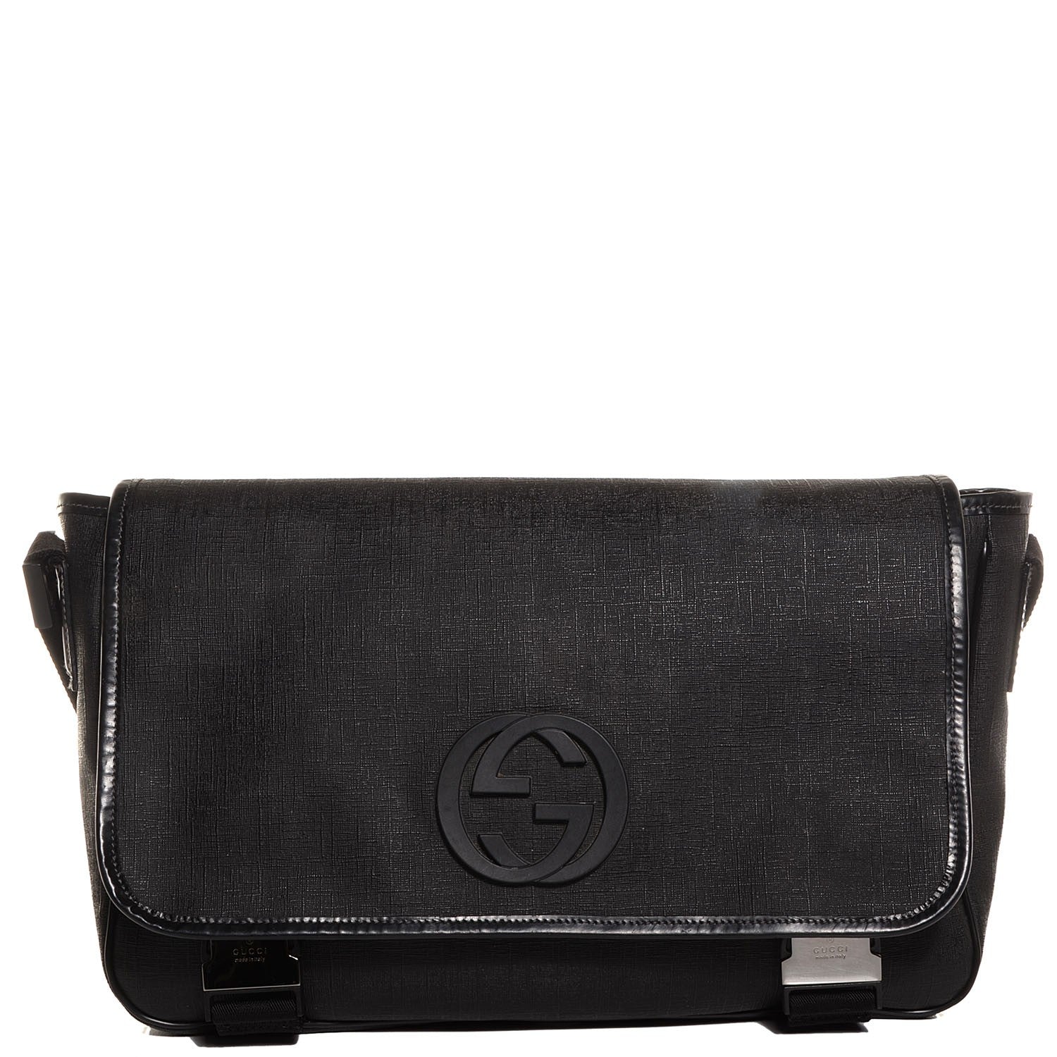 Gucci Coated Canvas Interlocking G Double Buckle Flap Messenger Bag Black 1 of 9