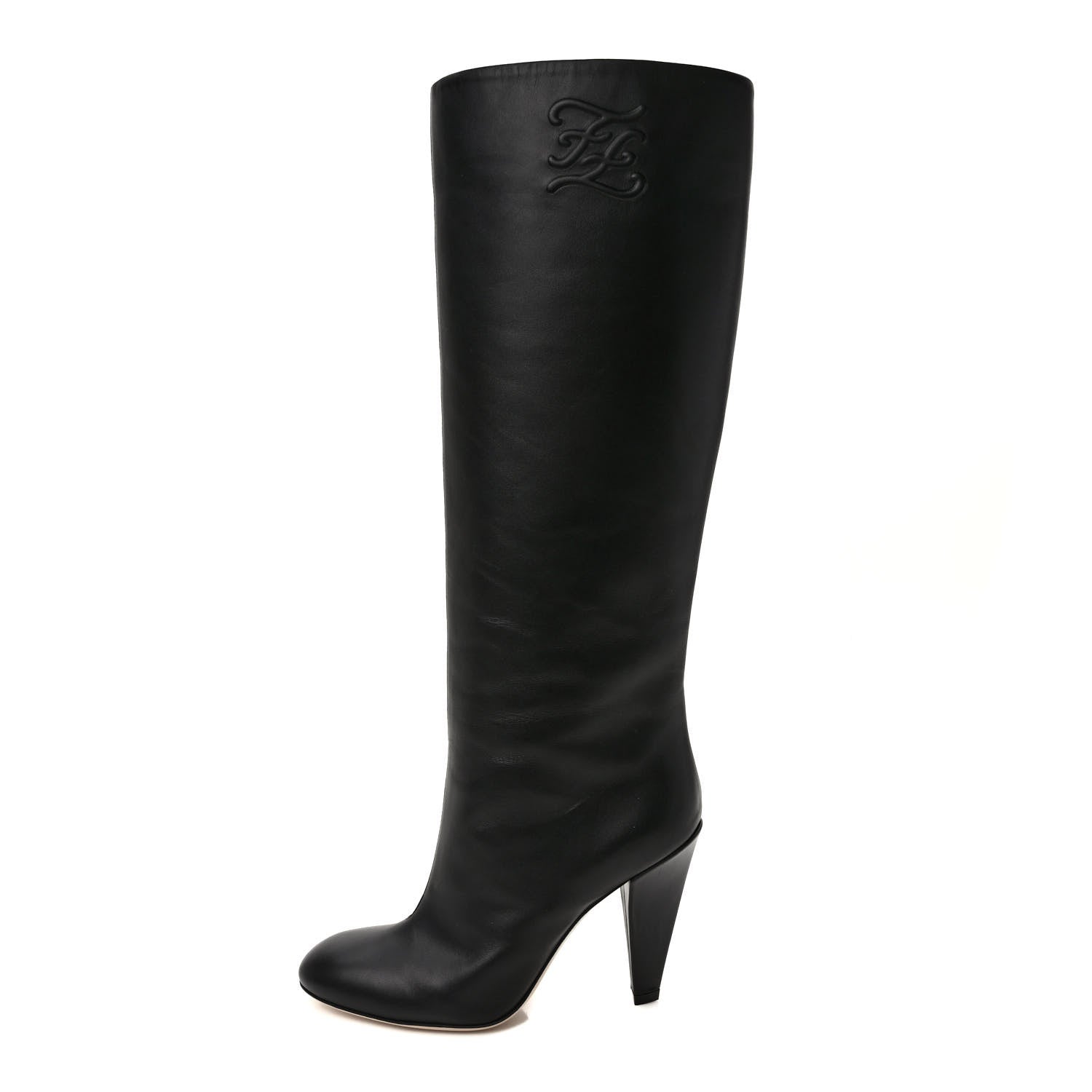 Fendi Vitello Karligraphy Embossed Knee High Boots 37 Black 1 of 7