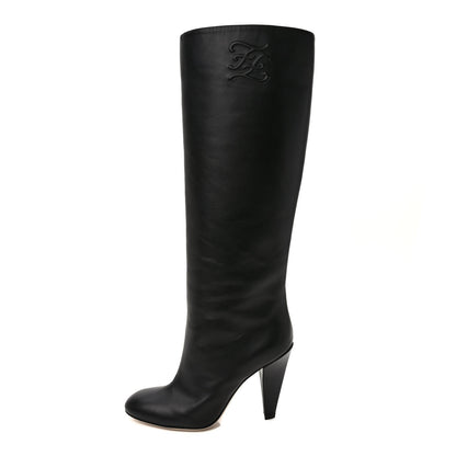 Fendi Vitello Karligraphy Embossed Knee High Boots 37 Black 1 of 7