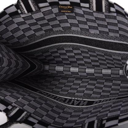 Christian Dior Canvas Embroidered Checkered Book Tote Black White 5 of 7