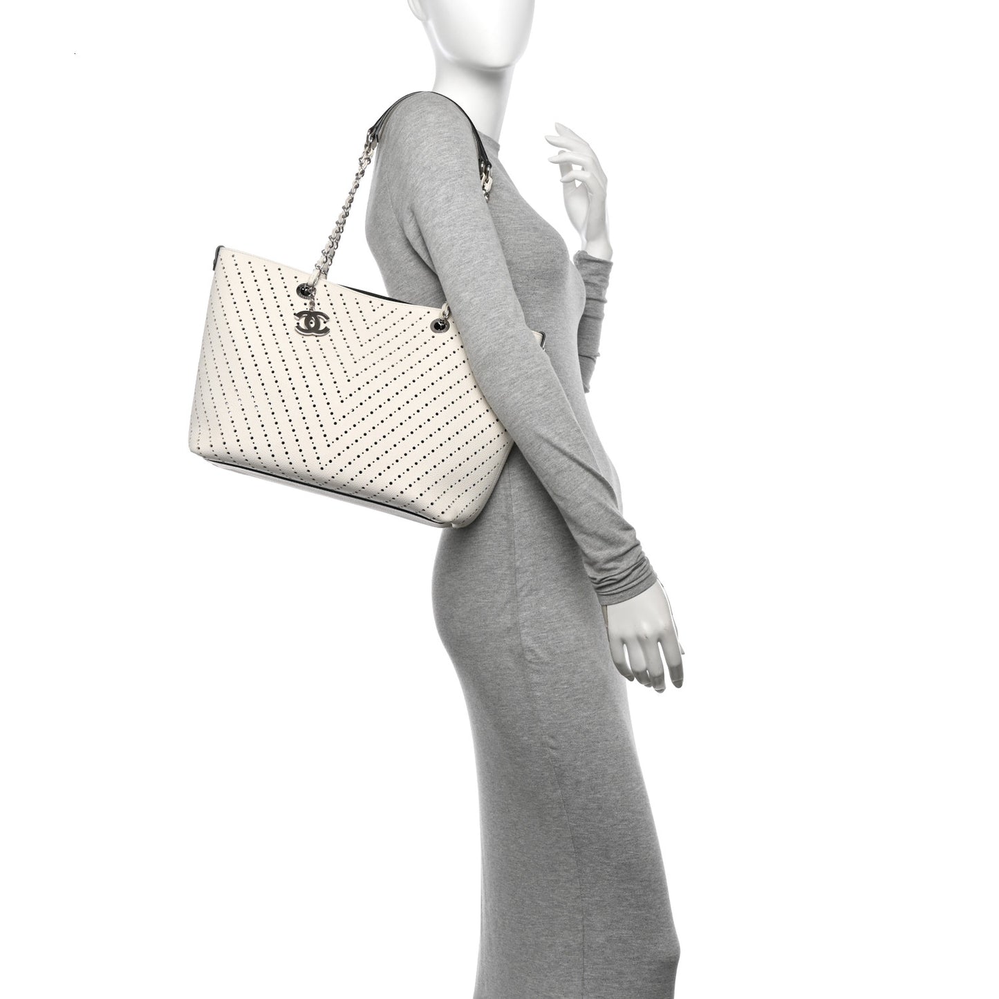 Perforated Grained Calfskin Large Shopping Tote White