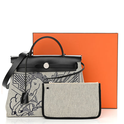 Hermes Vache Hunter Toile H Pegase Pop Herbag Zip Retourne 31 PM Bleu Indigo Ecru Black 16 of 16