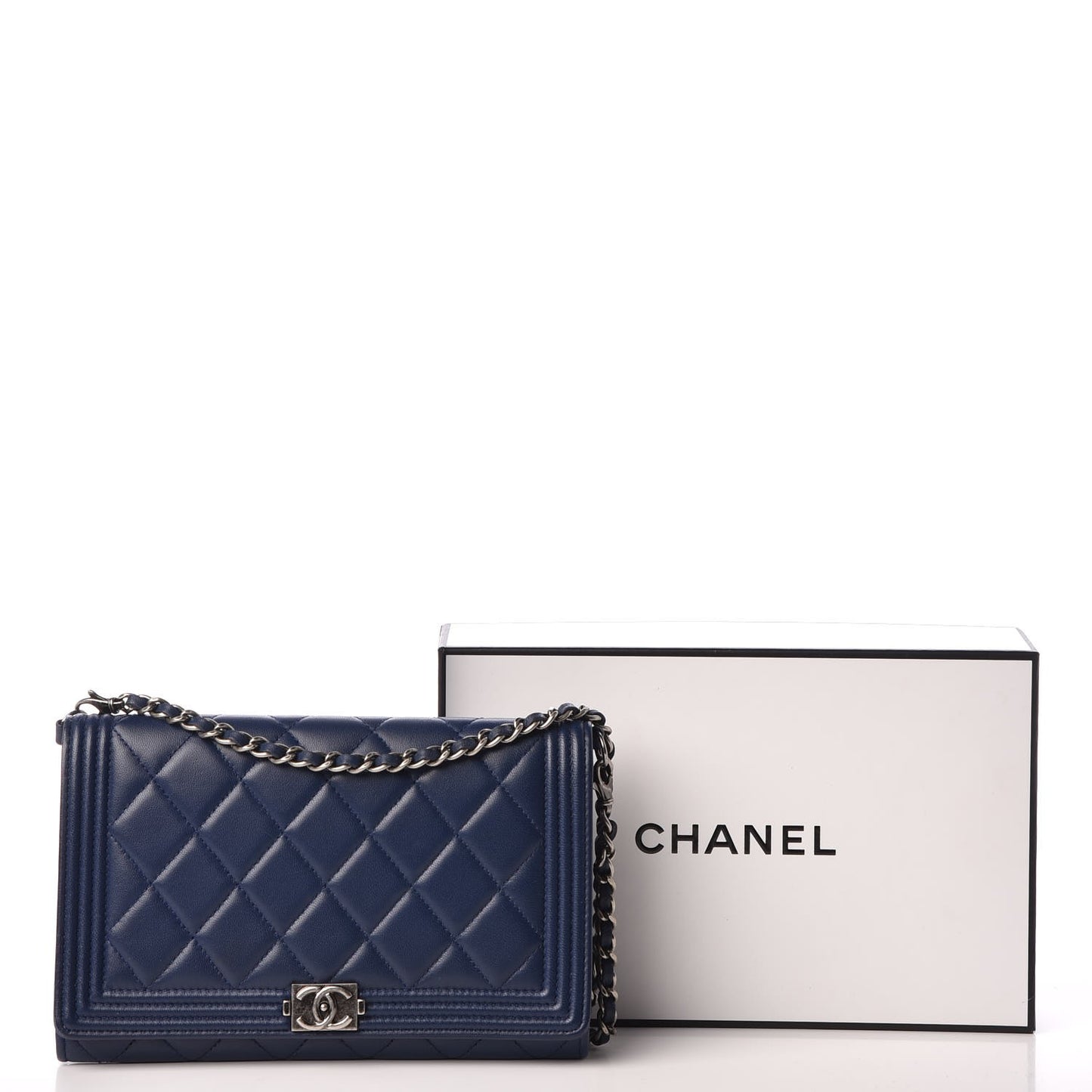 Lambskin Quilted Boy Wallet On Removable Chain WOC Navy