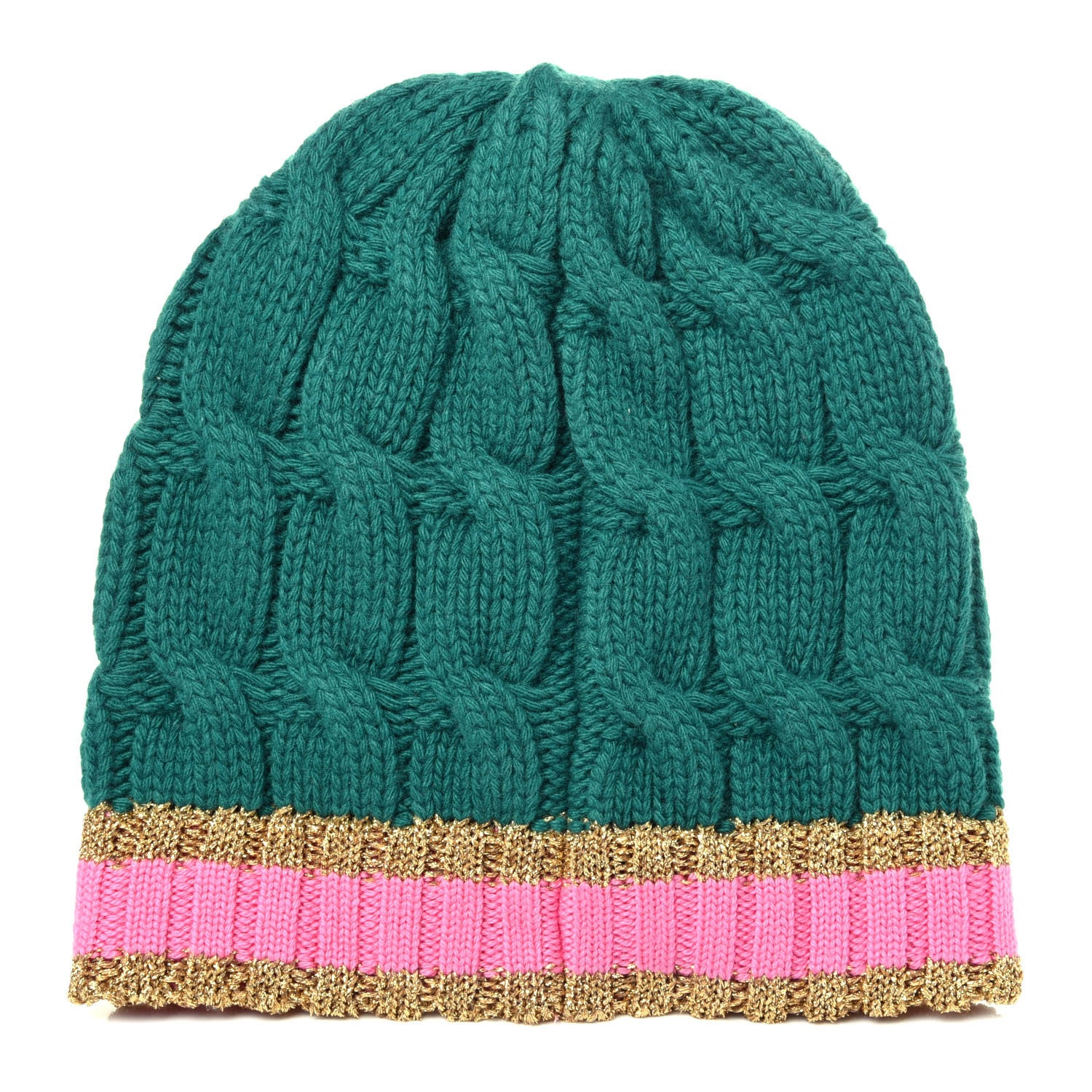 Gucci Wool Cashmere Polyamide Cable Knit Bonhate Beanie Hat M Grass Green Pink 2 of 3