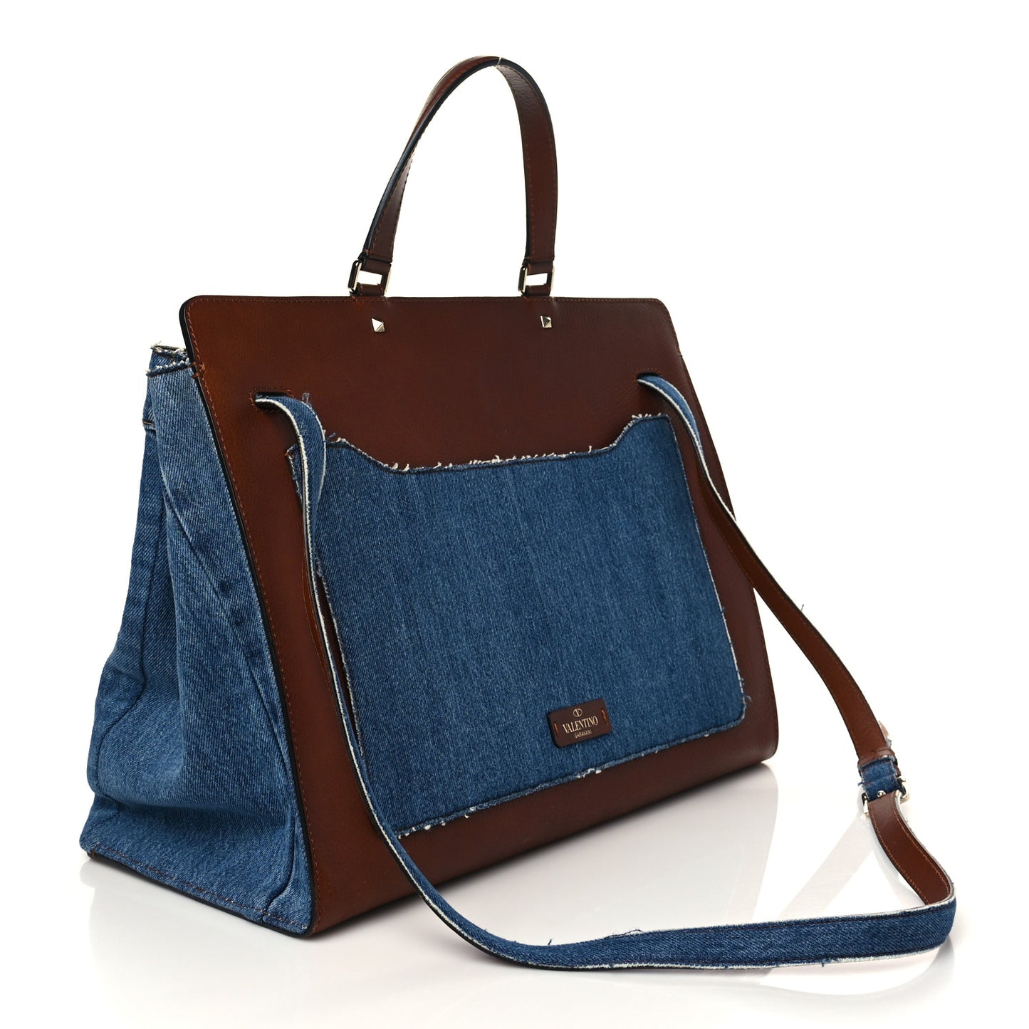 Calfskin Denim Rockstud Maxi Joylock Satchel Blue