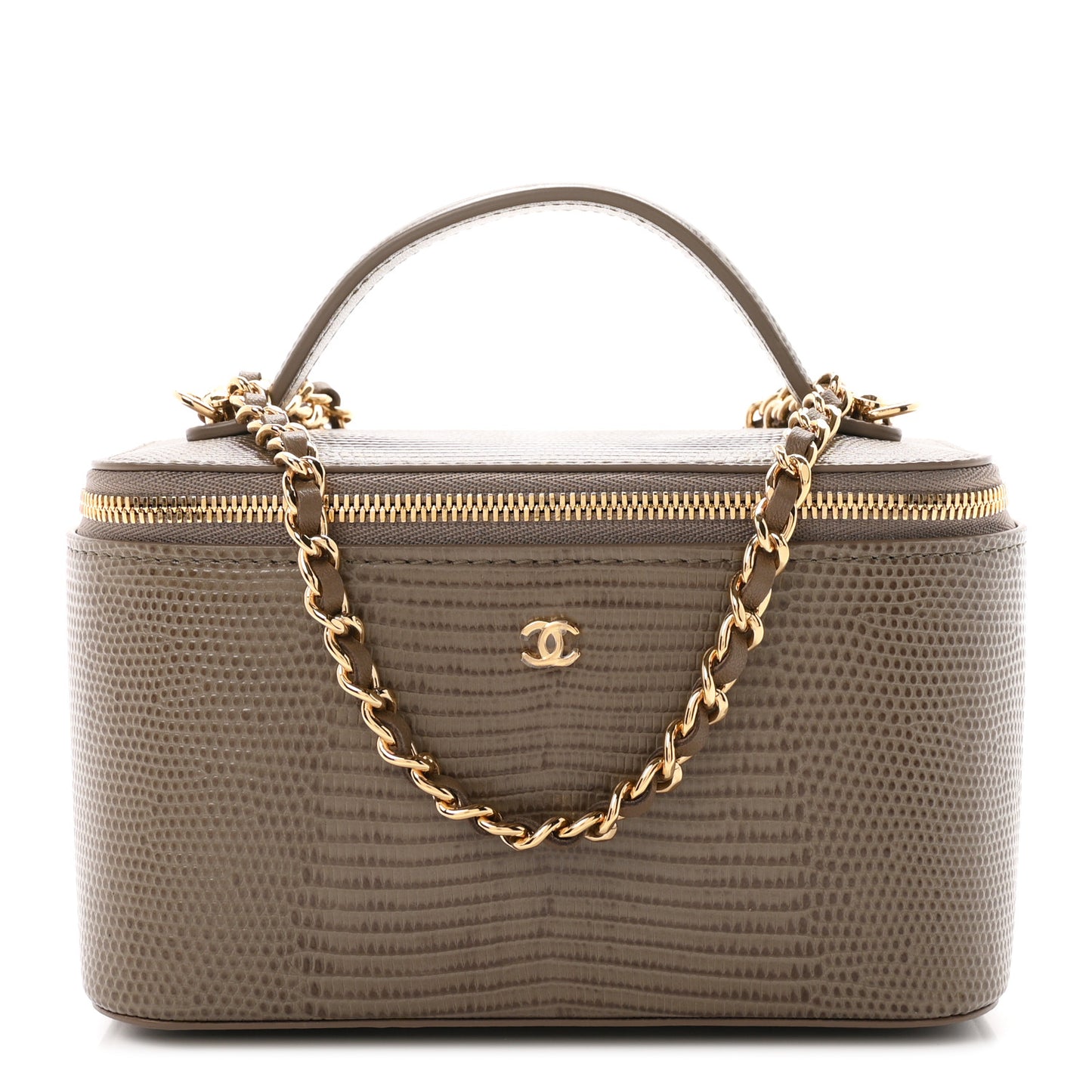 Calfskin Lizard Embossed Top Handle Vanity With Chain Dark Khaki