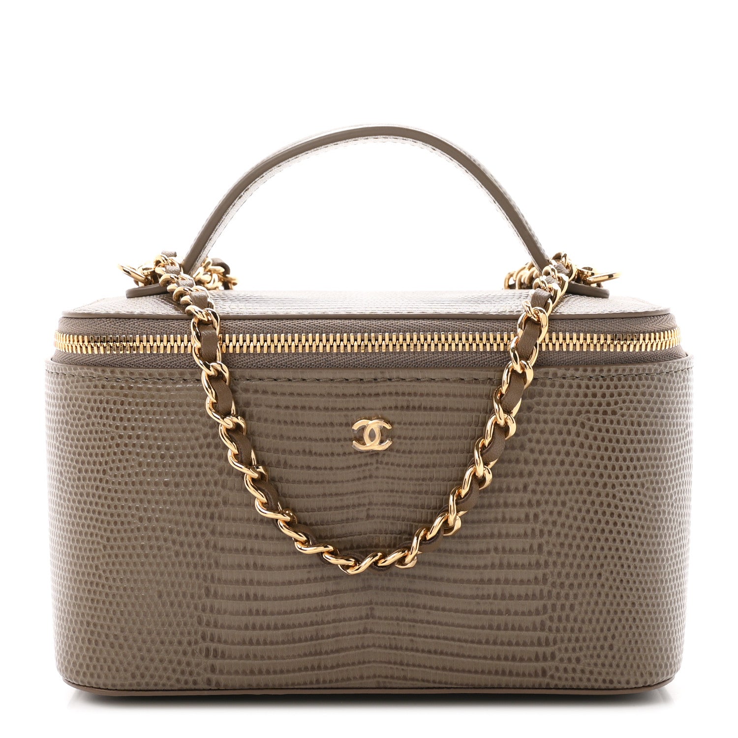 Chanel Calfskin Lizard Embossed Top Handle Vanity With Chain Dark Khaki 1 of 11