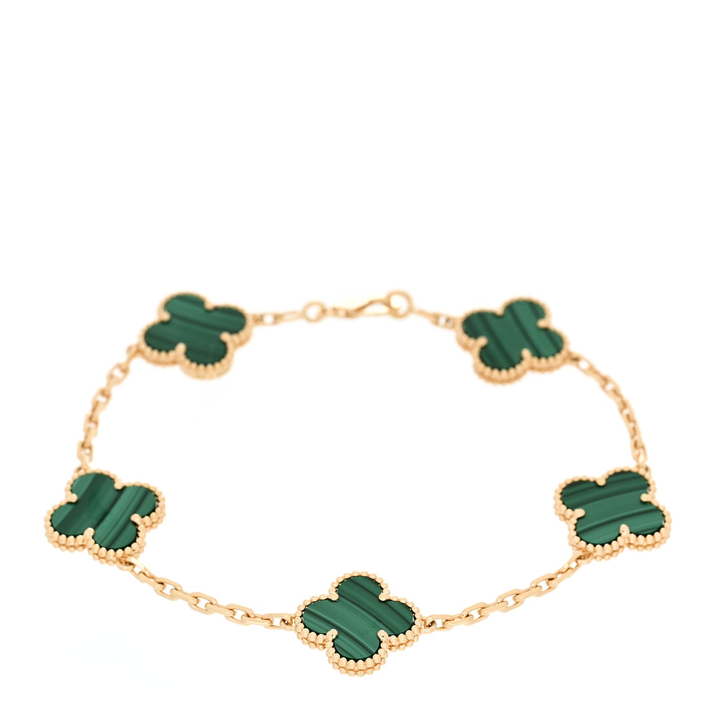 18K Yellow Gold Malachite 5 Motifs Vintage Alhambra Bracelet