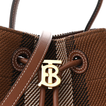 Burberry Knitted Check Calfskin TB Small Drawstring Bucket Bag Dark Birch Brown 8 of 12