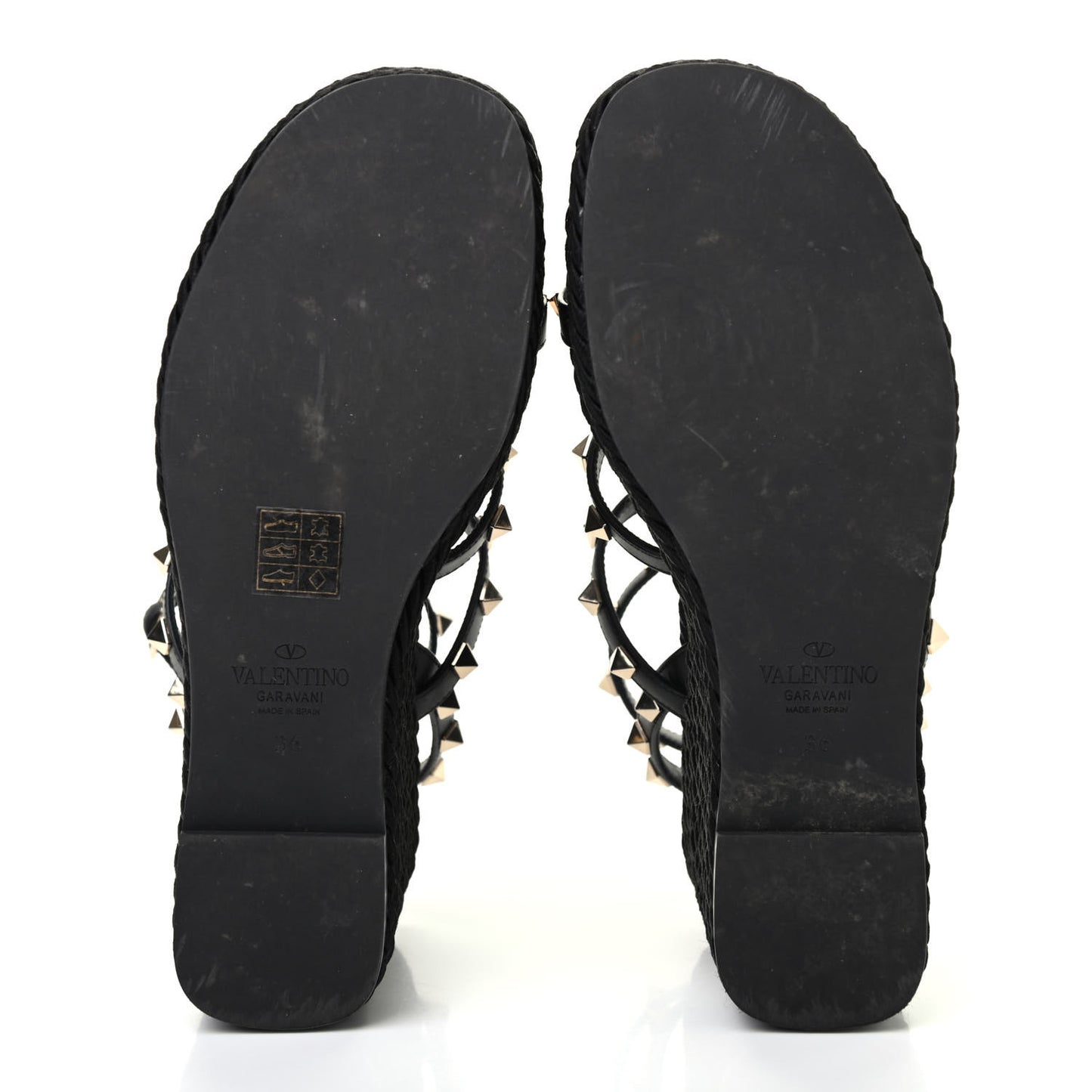 Calfskin Rockstud Ankle Strap Torchon Espadrille Caged 25/95mm Wedge Sandals 36 Black