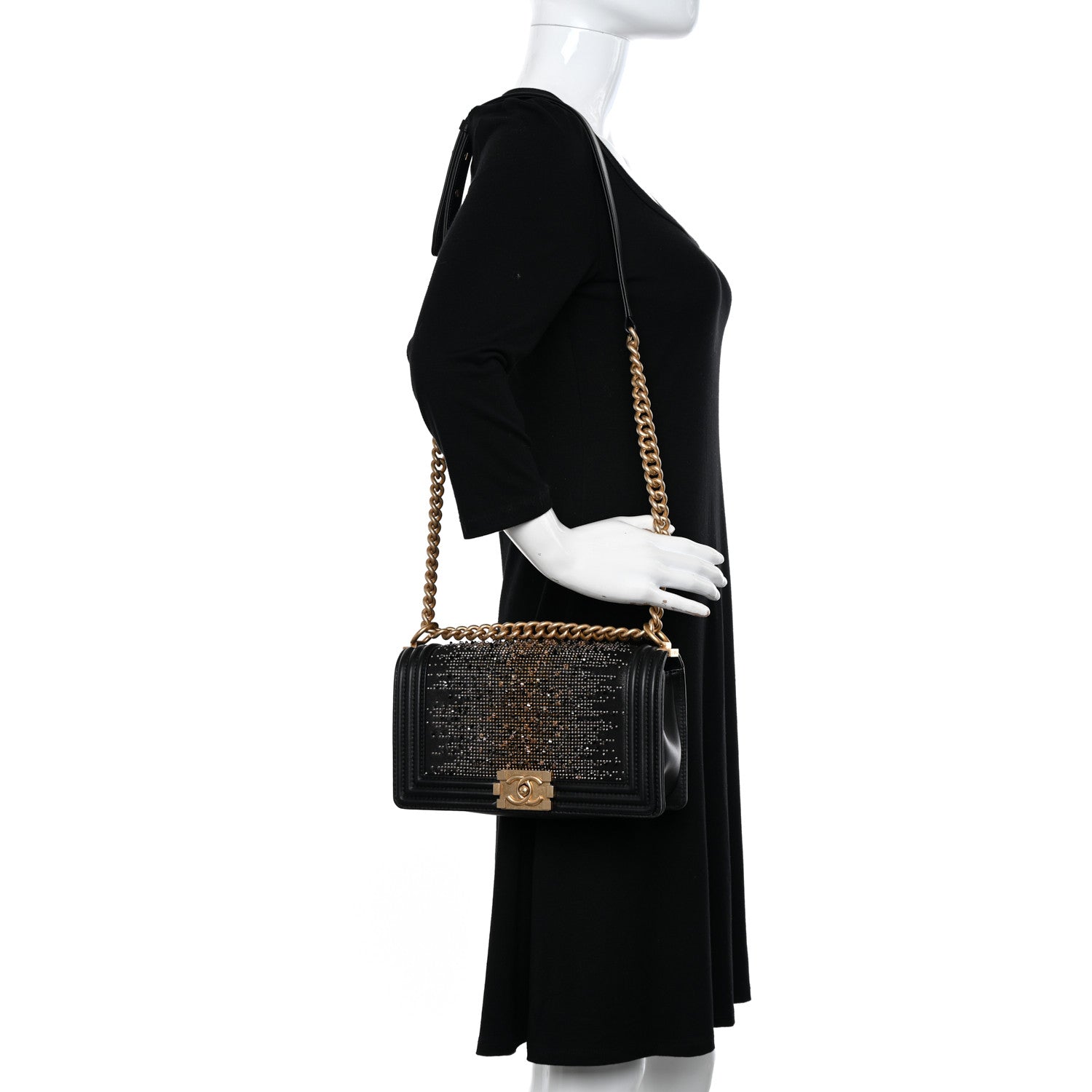 Chanel Calfskin Strass Studded Medium Boy Flap Black Gold 2 of 11