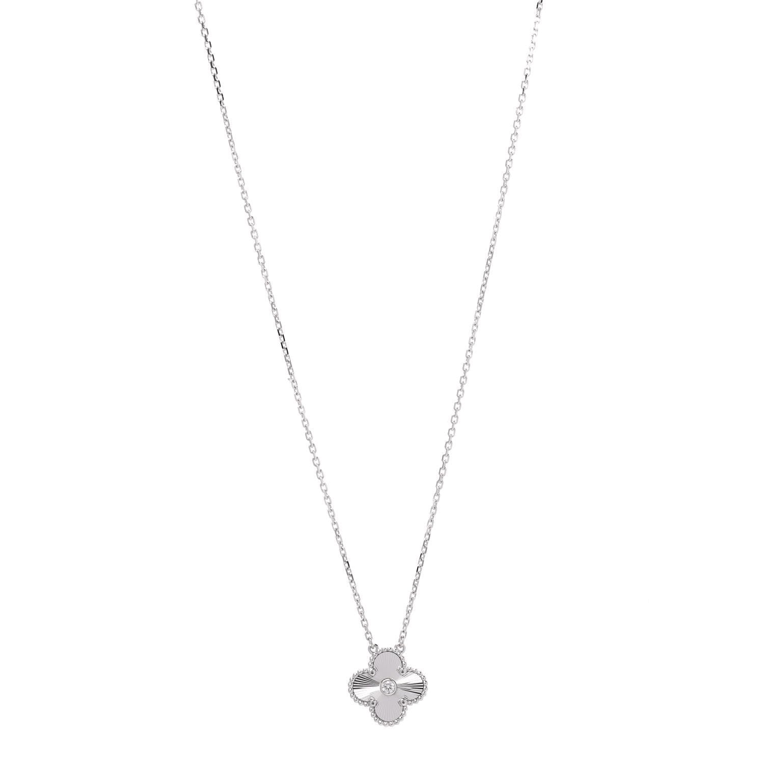 Van Cleef & Arpels 18K White Gold Diamond Guilloche Vintage Alhambra Pendant Necklace 1 of 6