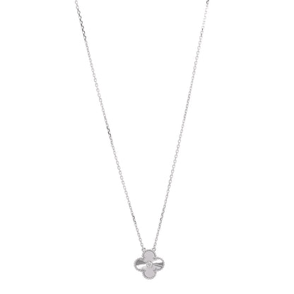 Van Cleef & Arpels 18K White Gold Diamond Guilloche Vintage Alhambra Pendant Necklace 1 of 6