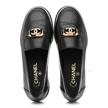 Chanel Shiny Calfskin Metal CC Mocassin Loafers 38.5 Black 2 of 10