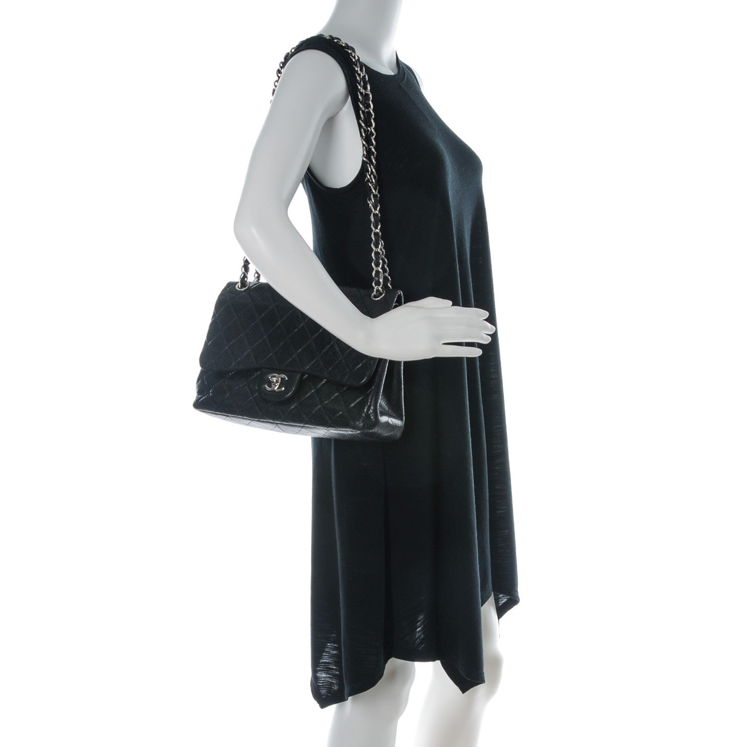 Chanel Lizard Quilted Jumbo Double Flap Black 2 of 8