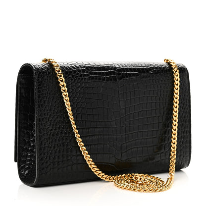Saint Laurent Calfskin Crocodile Embossed Medium Classic Monogram Kate Tassel Satchel Black 3 of 9