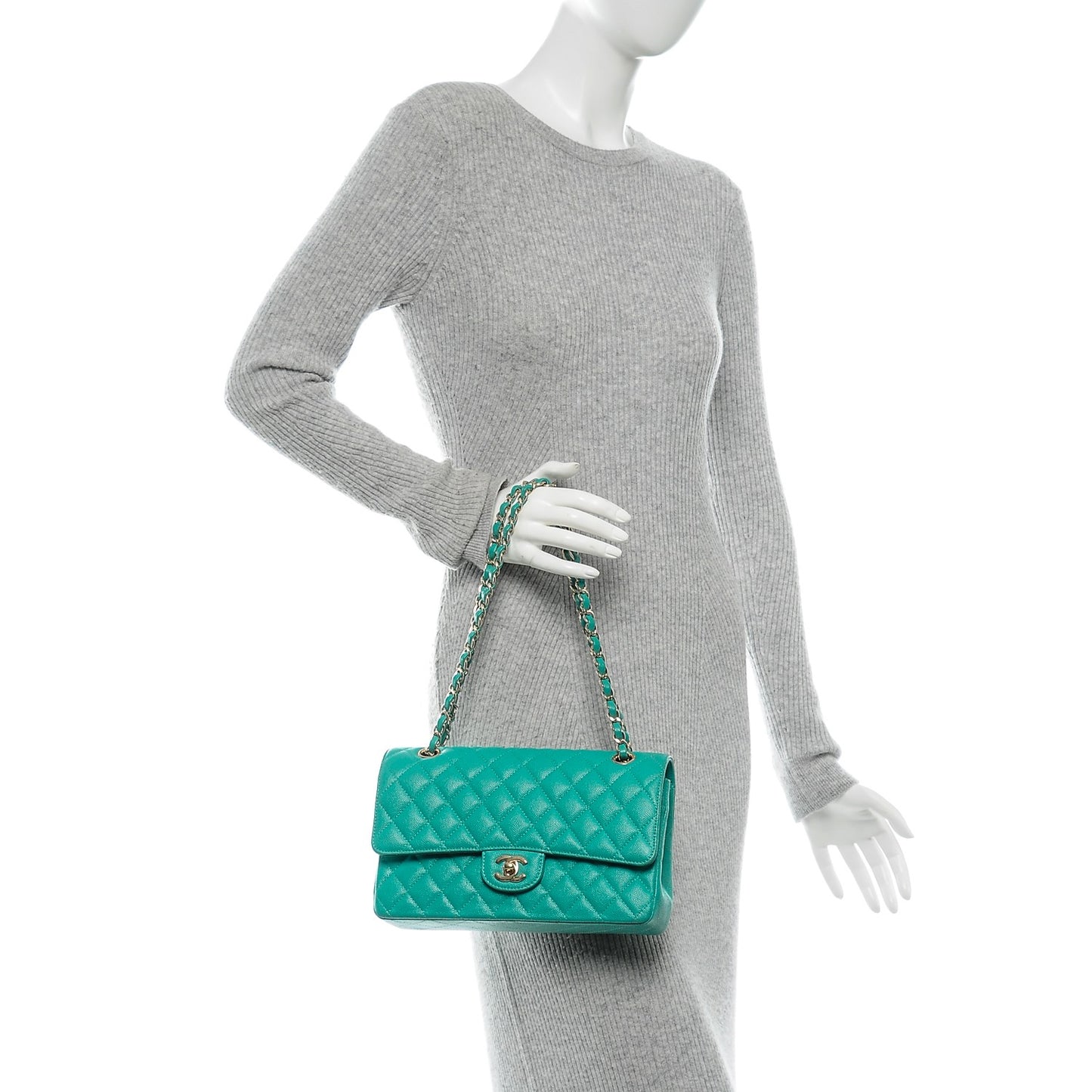 Caviar Quilted Medium Double Flap Turquoise