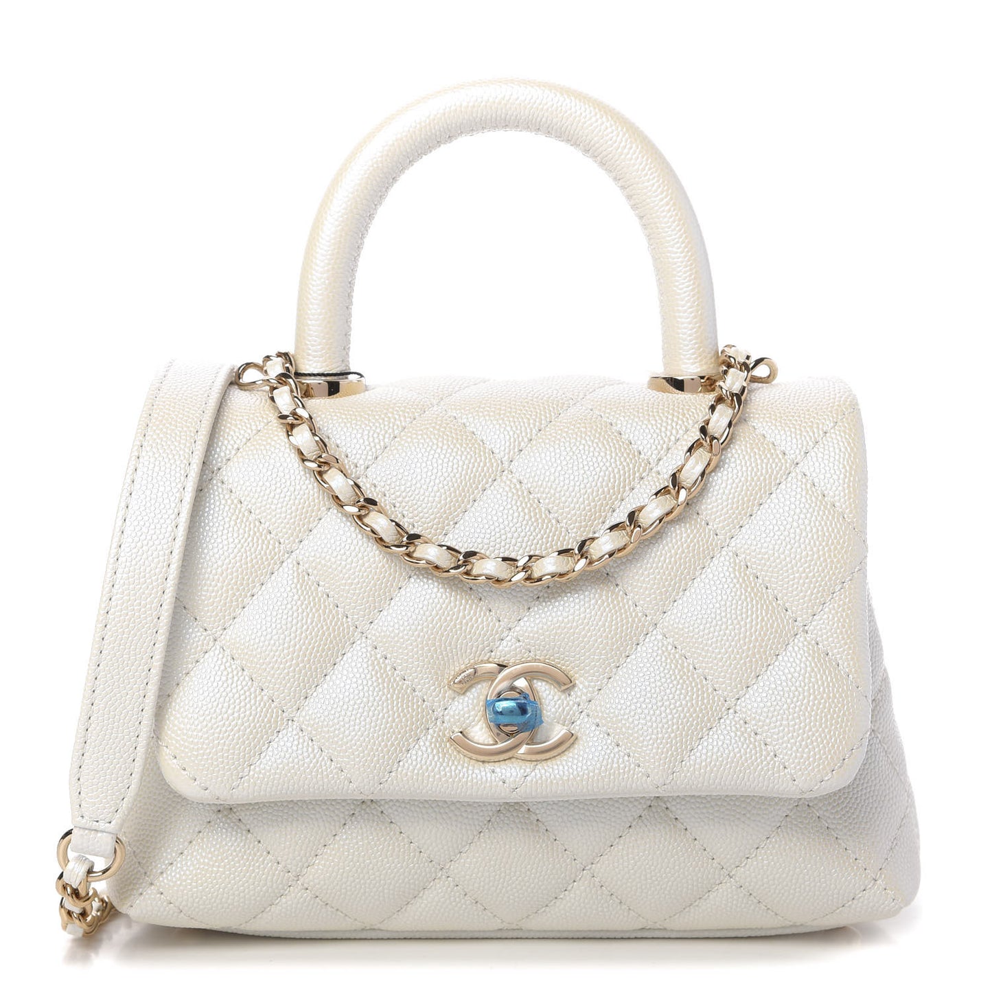 Iridescent Caviar Quilted Extra Mini Coco Handle Flap White