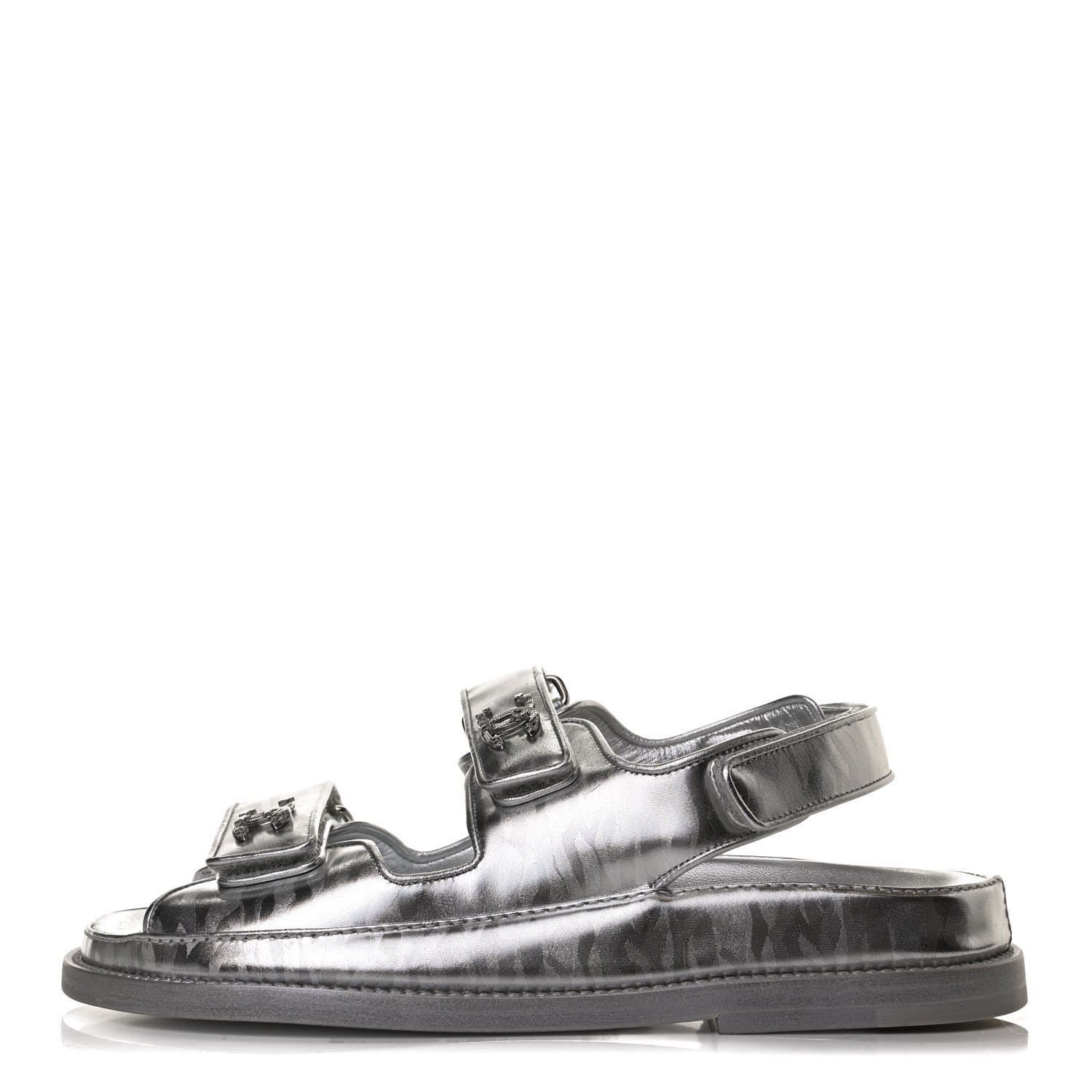 Chanel Laminated Calfskin Velcro Dad Sandals 35.5 Silver 1 of 11
