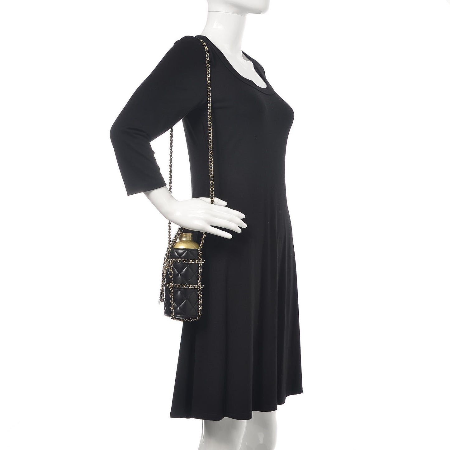 Lambskin Quilted CC To Drink Water Bottle Black Gold