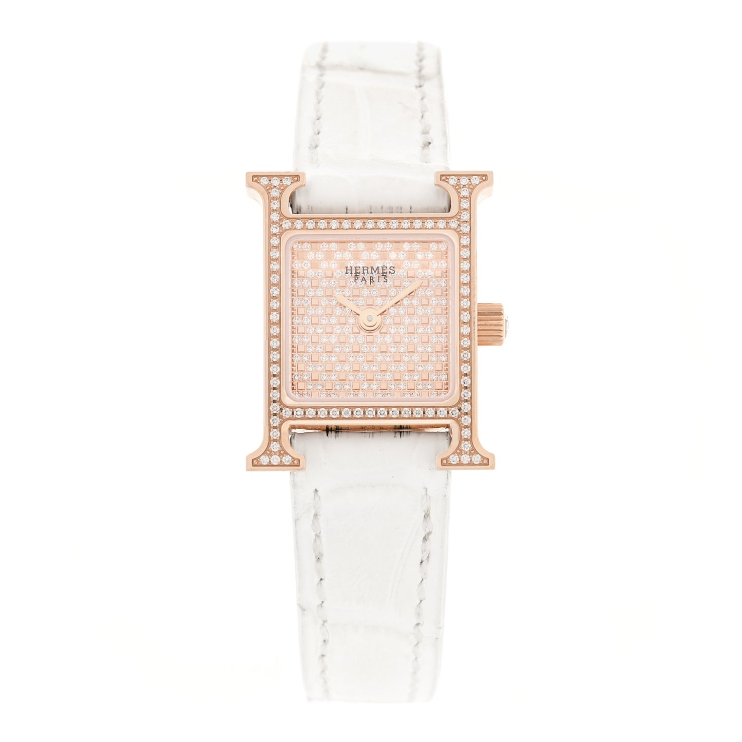 18K Rose Gold Alligator Diamond Pave 17.2mm Heure H Hour Quartz Watch Blanc