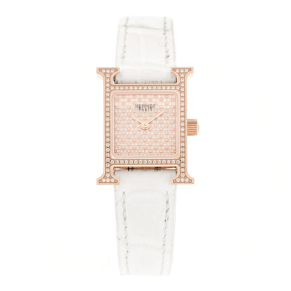 Hermes 18K Rose Gold Alligator Diamond Pave 17.2mm Heure H Hour Quartz Watch Blanc 1 of 7
