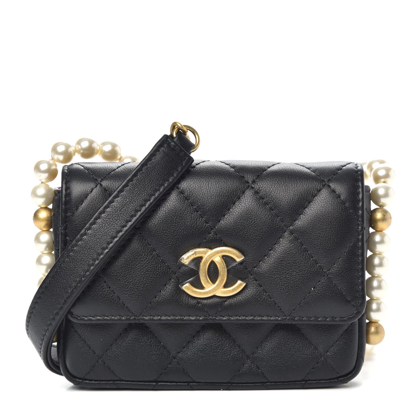Calfskin Quilted About Pearls Card Holder Flap With Chain Black