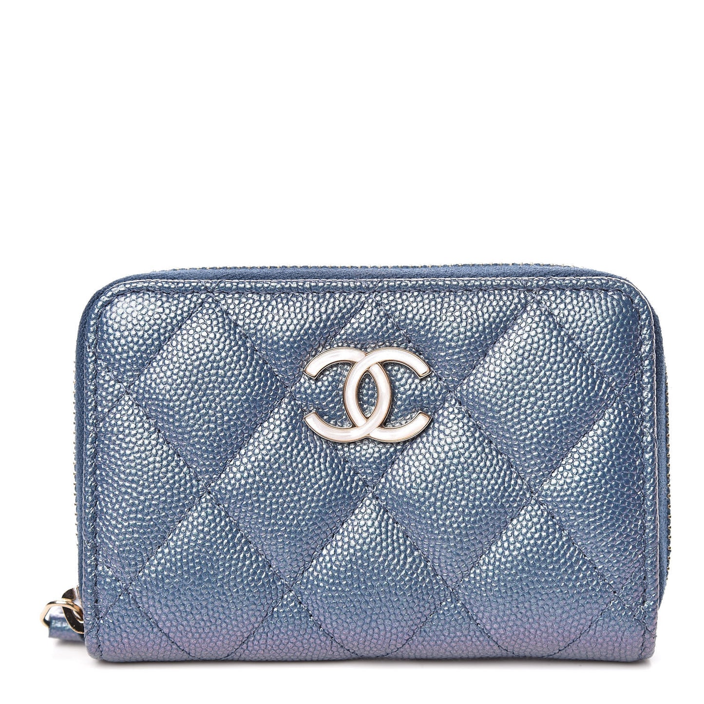 Iridescent Caviar Quilted Zip Coin Purse Blue