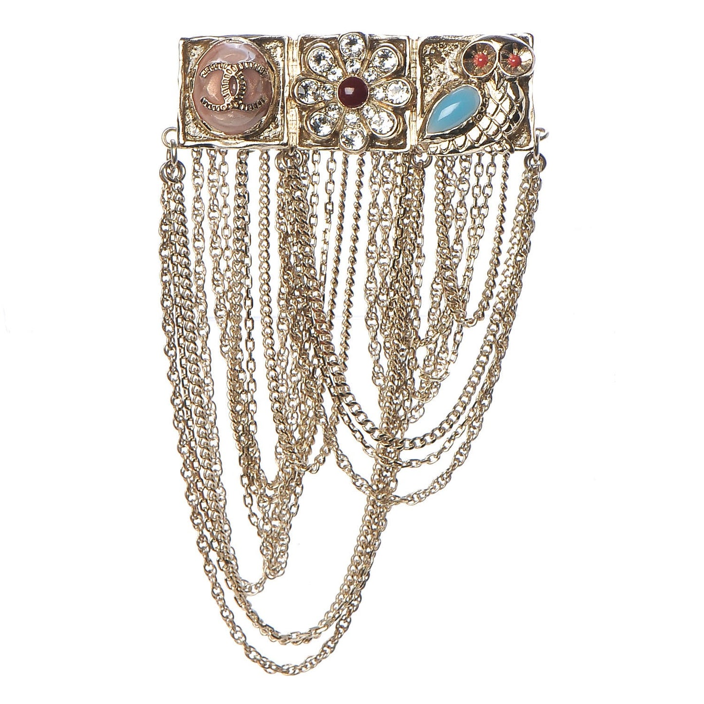 Enamel Crystal Multi Strand Chain Brooch Gold