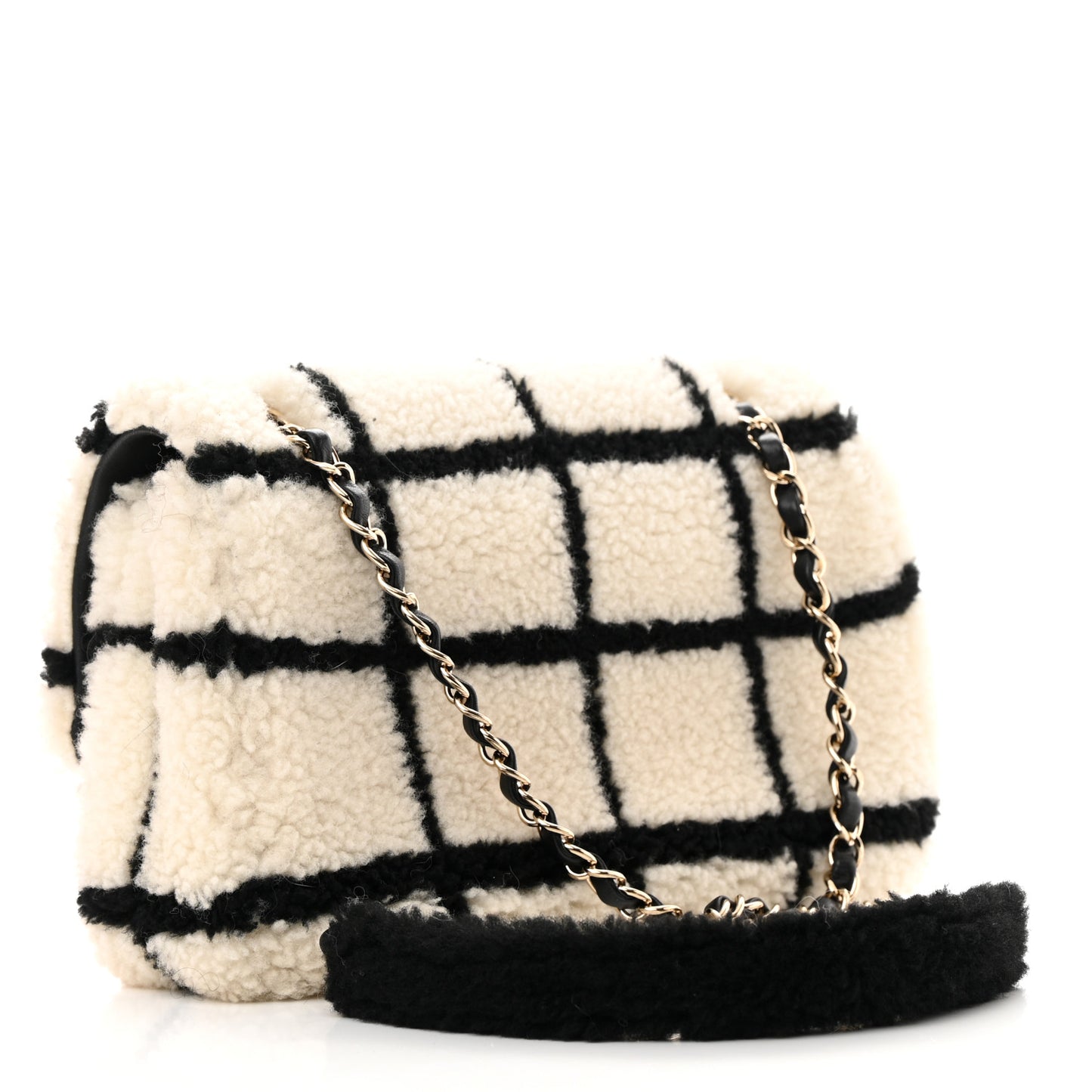 Shearling Lambskin Large Fluffy Tartan Single Flap White Black