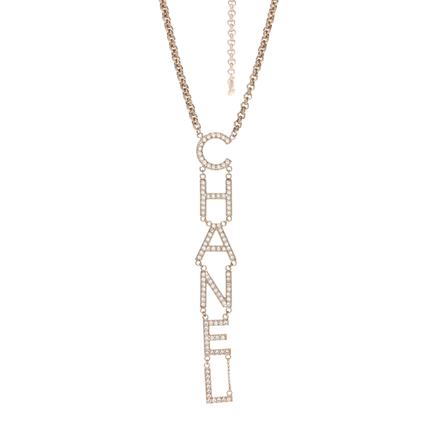 Metal Crystal Cha-Nel Logo Necklace Gold