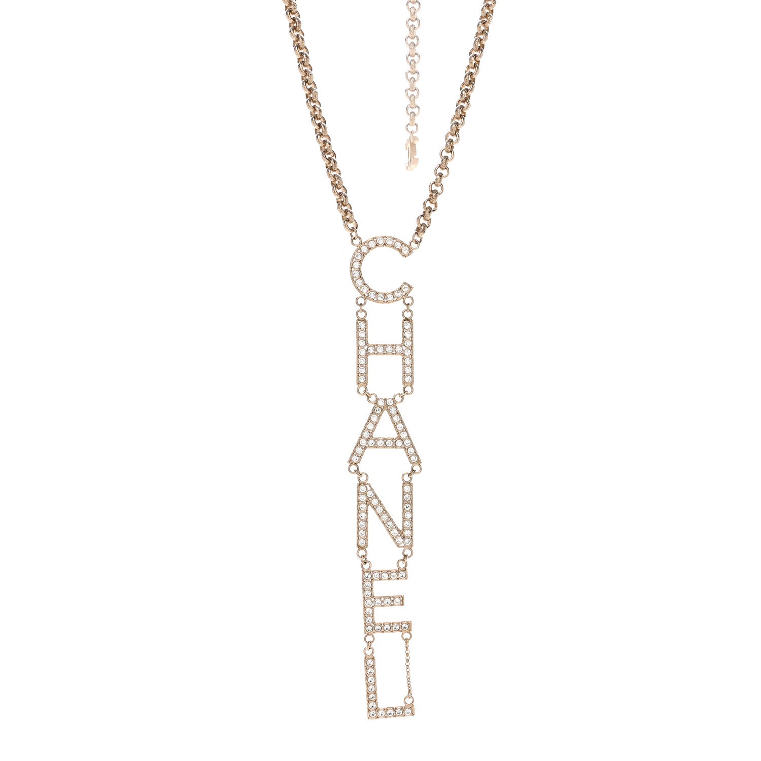 Chanel Metal Crystal Cha-Nel Logo Necklace Gold 1 of 7