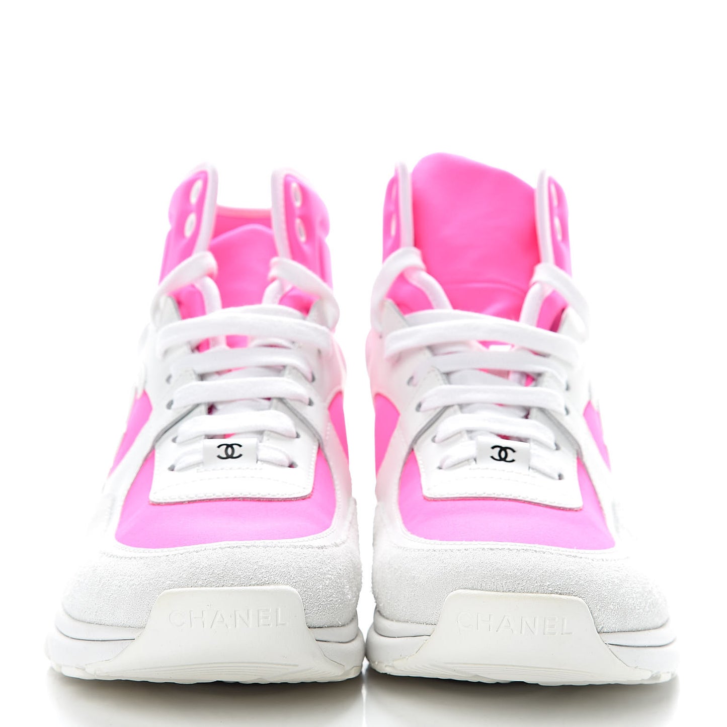 Suede Calfskin Lambskin Neoprene High Top CC Sneakers 37 White Fluo Pink