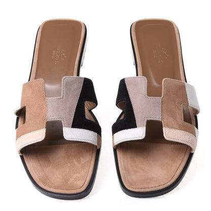 Hermes Velvet Goatskin Patchwork Oran Sandals 38.5 Multicolor Beige 5 of 9