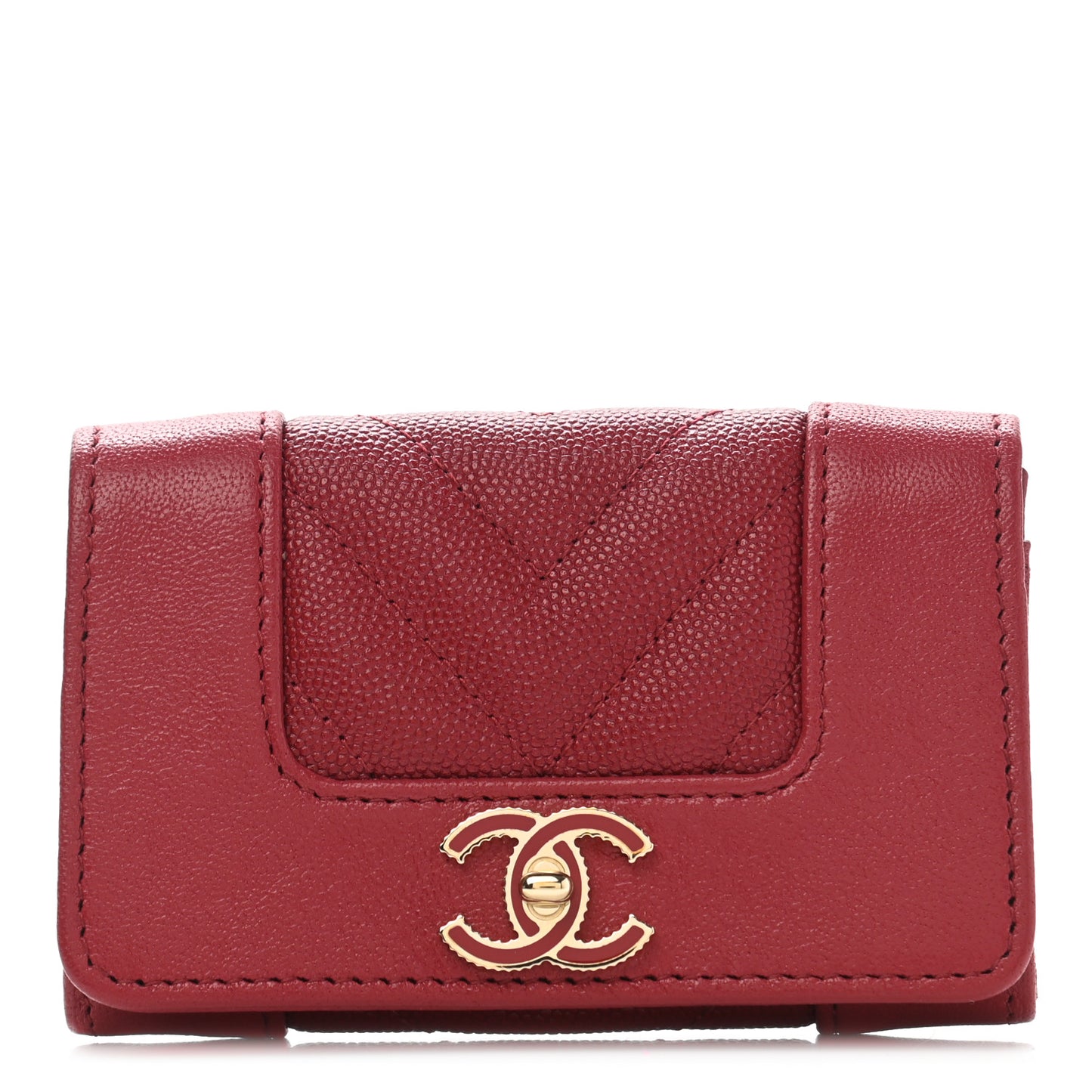 Caviar Chevron Quilted Mademoiselle Flap Card Holder Dark Pink