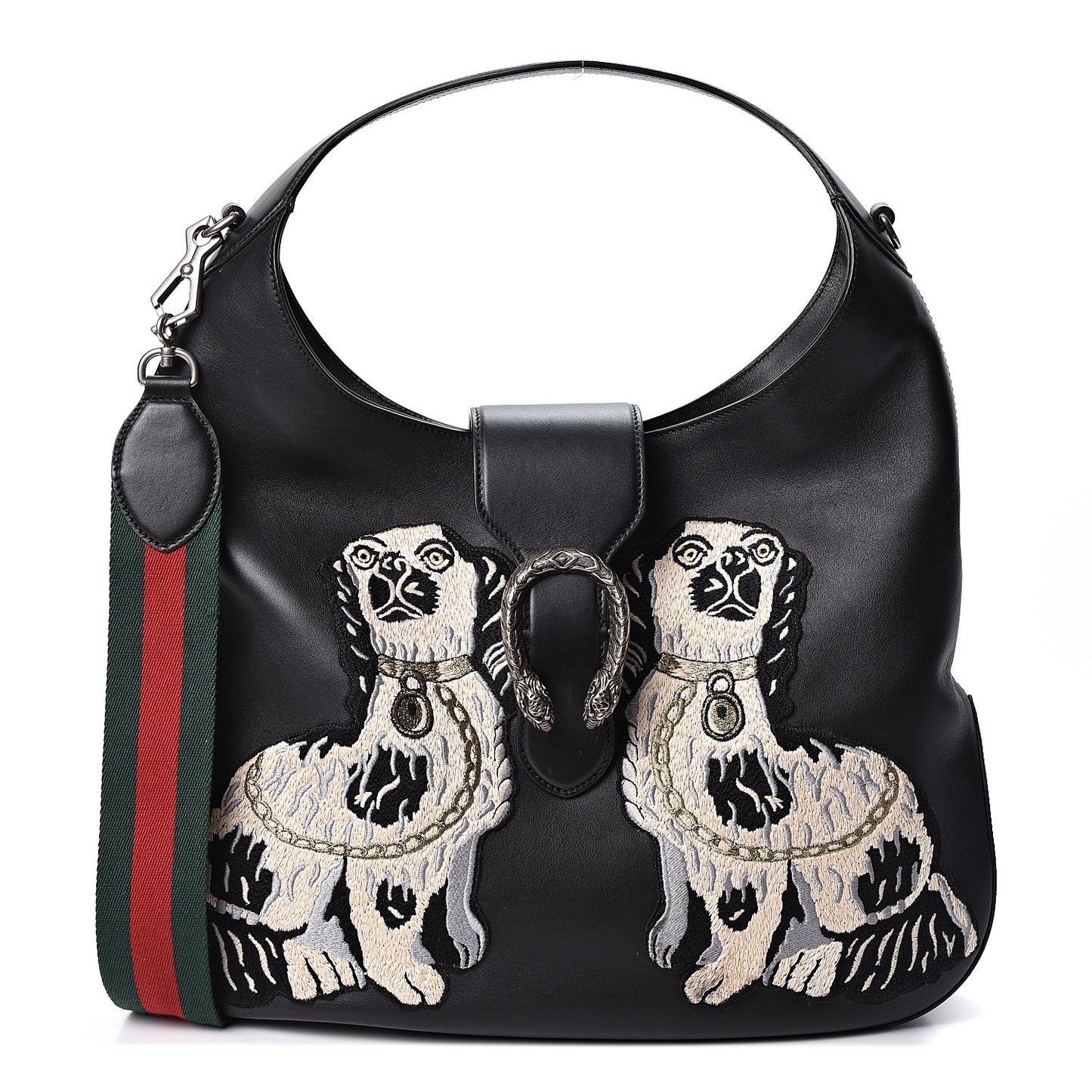 Calfskin Web Dog Embroidered Large Dionysus Hobo Black