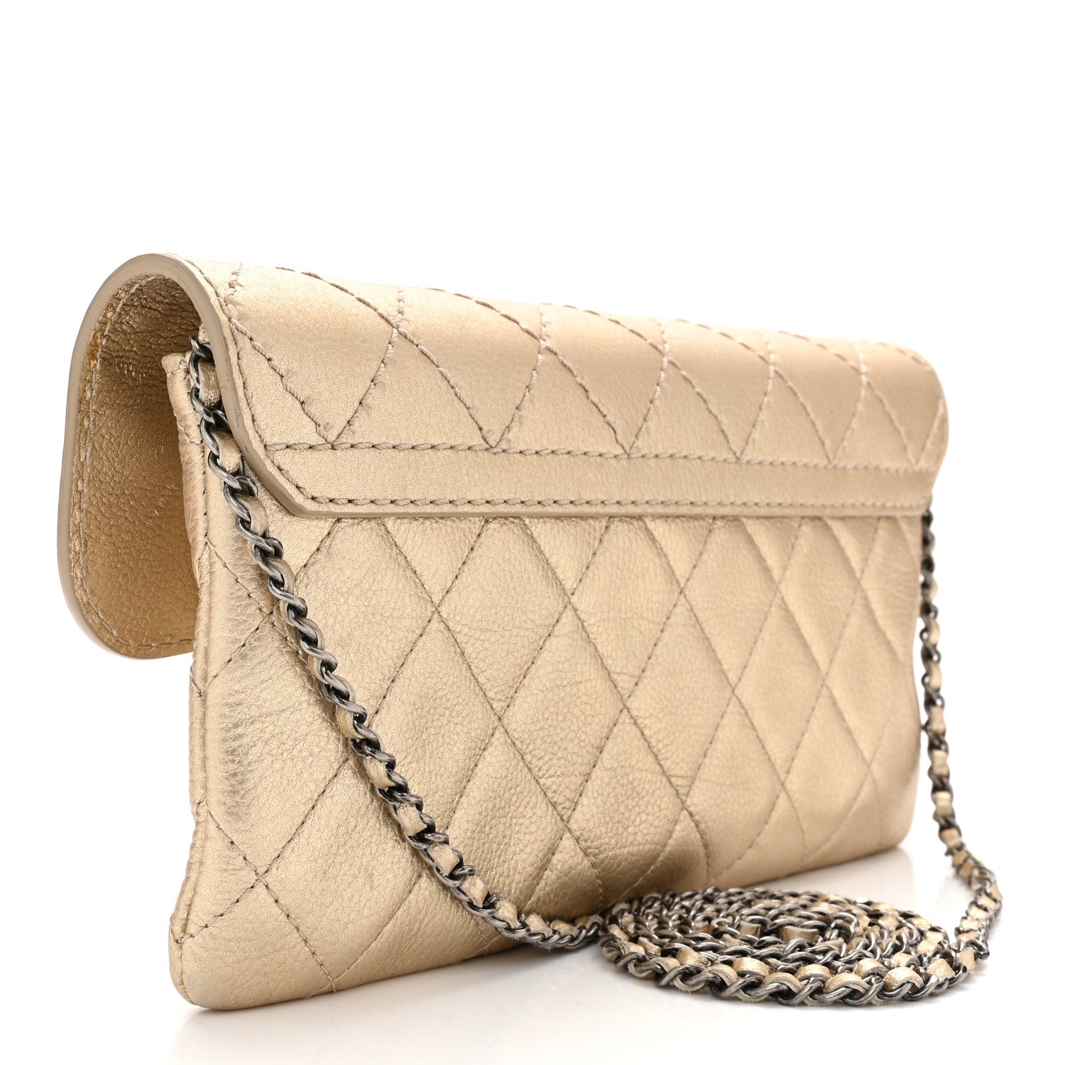 Chanel Metallic Calfskin Quilted Flap Clutch With Chain Light Gold 3 of 11