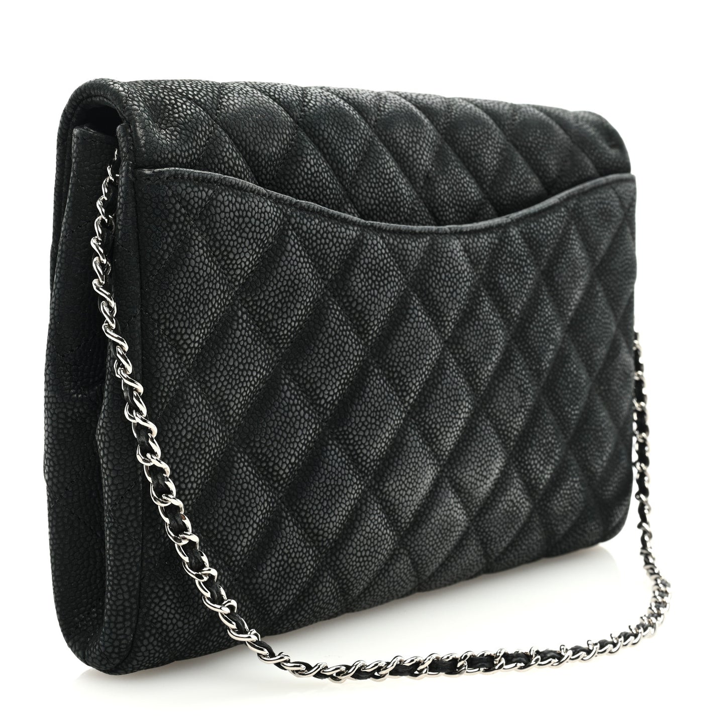 Iridescent Caviar Quilted Clutch With Chain Flap Black