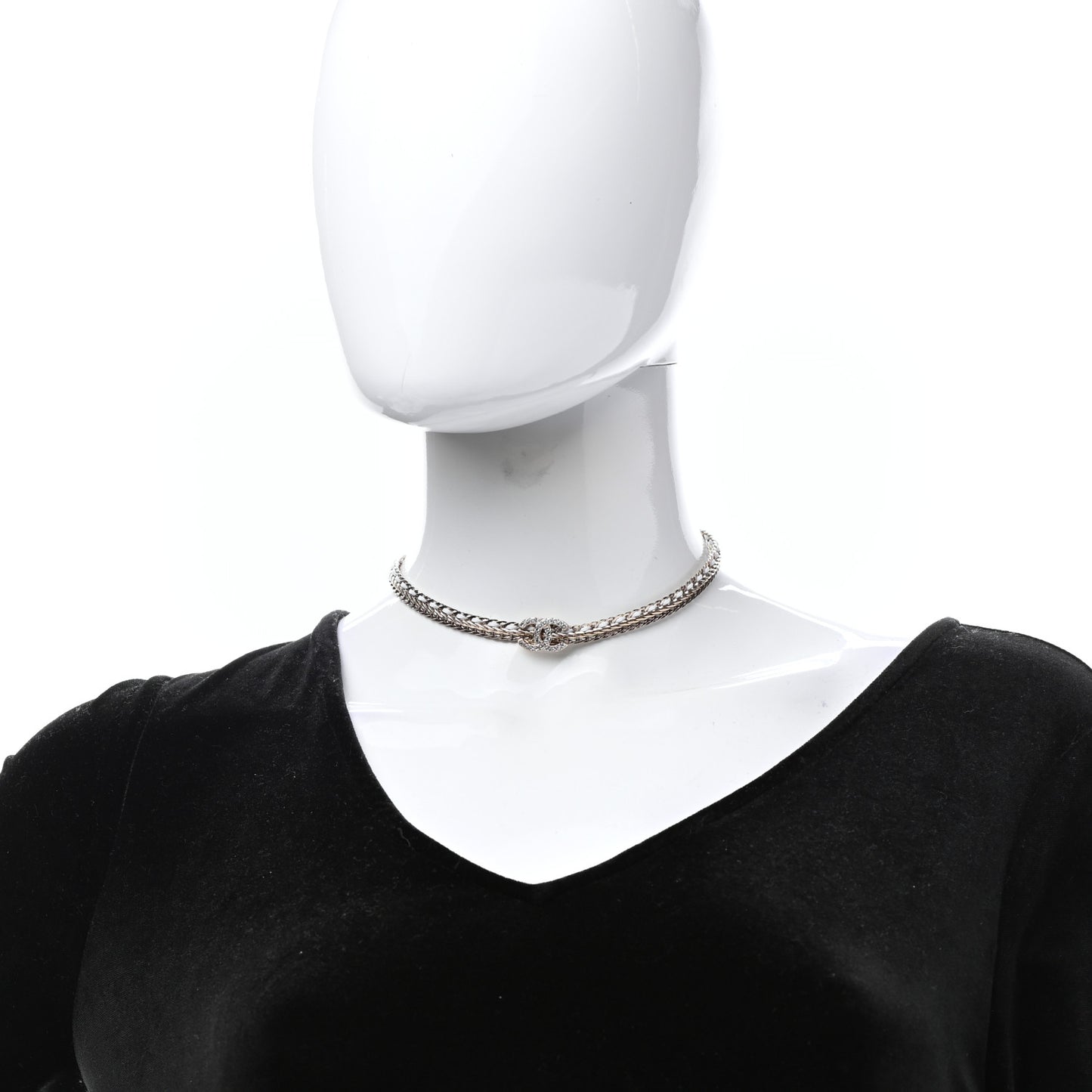 Metal Lambskin Crystal CC Choker Gold White