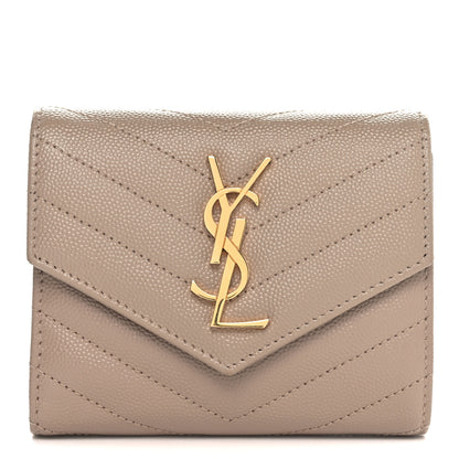 Saint Laurent Grain De Poudre Matelasse Chevron Monogram Compact Tri Fold Wallet Dark Beige 1 of 6