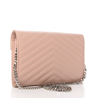 Saint Laurent Grain De Poudre Matelasse Chevron Monogram Chain Wallet Pale Pink 3 of 10