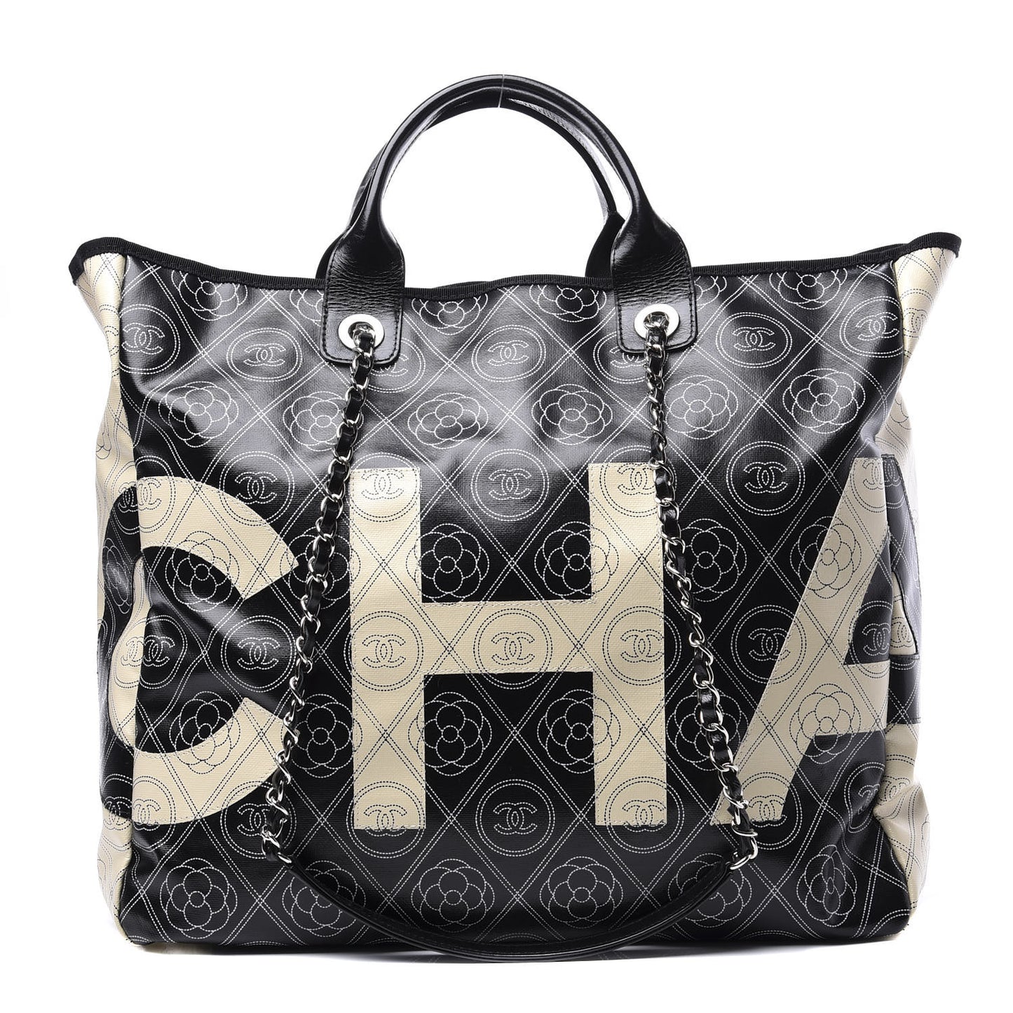 Coated Canvas Camellia Medium Shopping Tote Black Beige