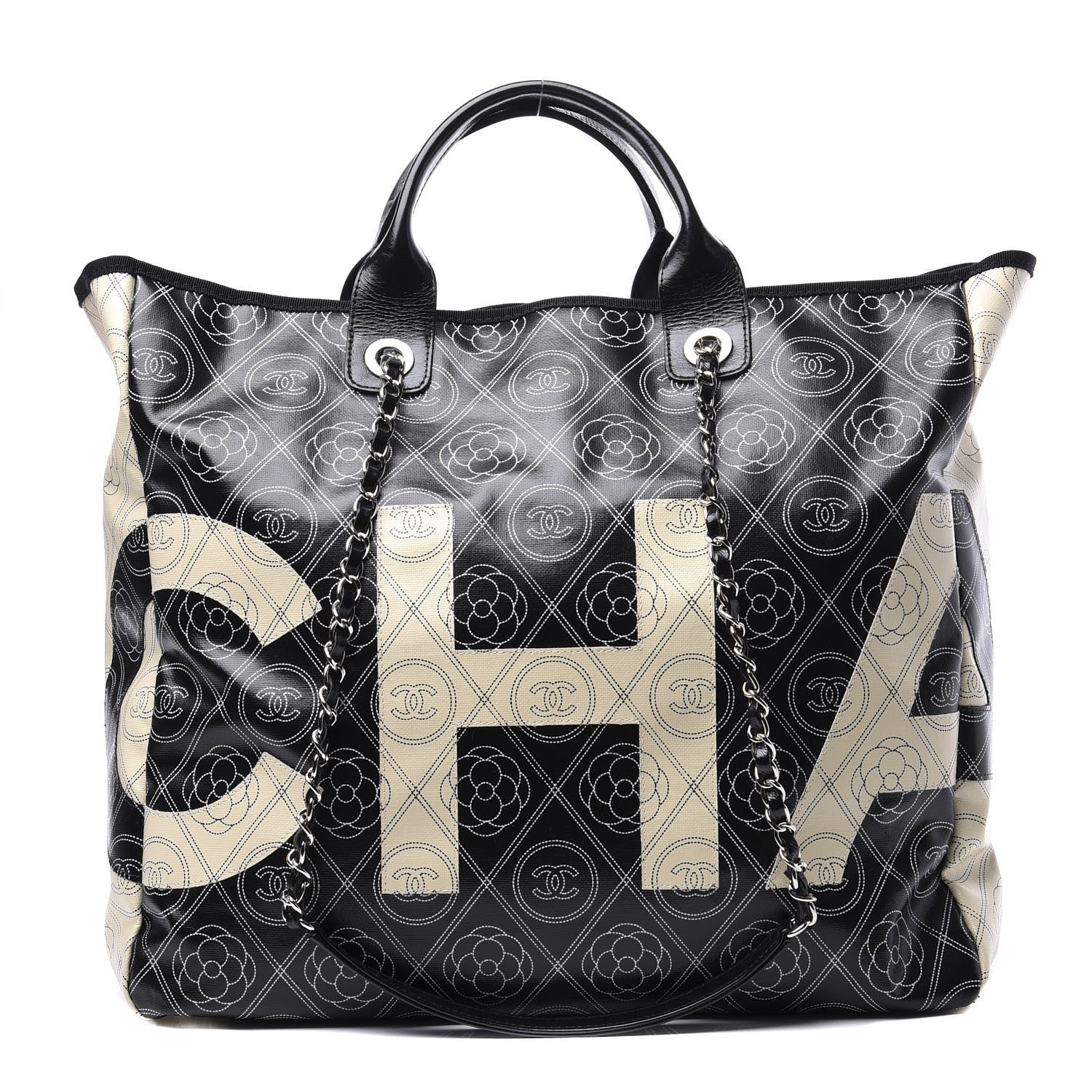 Chanel Coated Canvas Camellia Medium Shopping Tote Black Beige 1 of 9