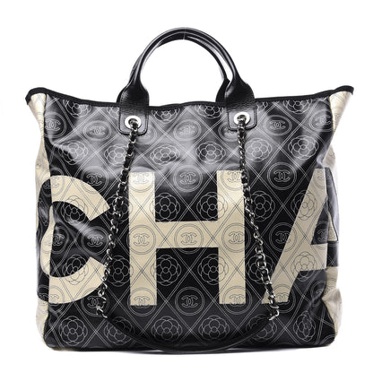 Chanel Coated Canvas Camellia Medium Shopping Tote Black Beige 1 of 9