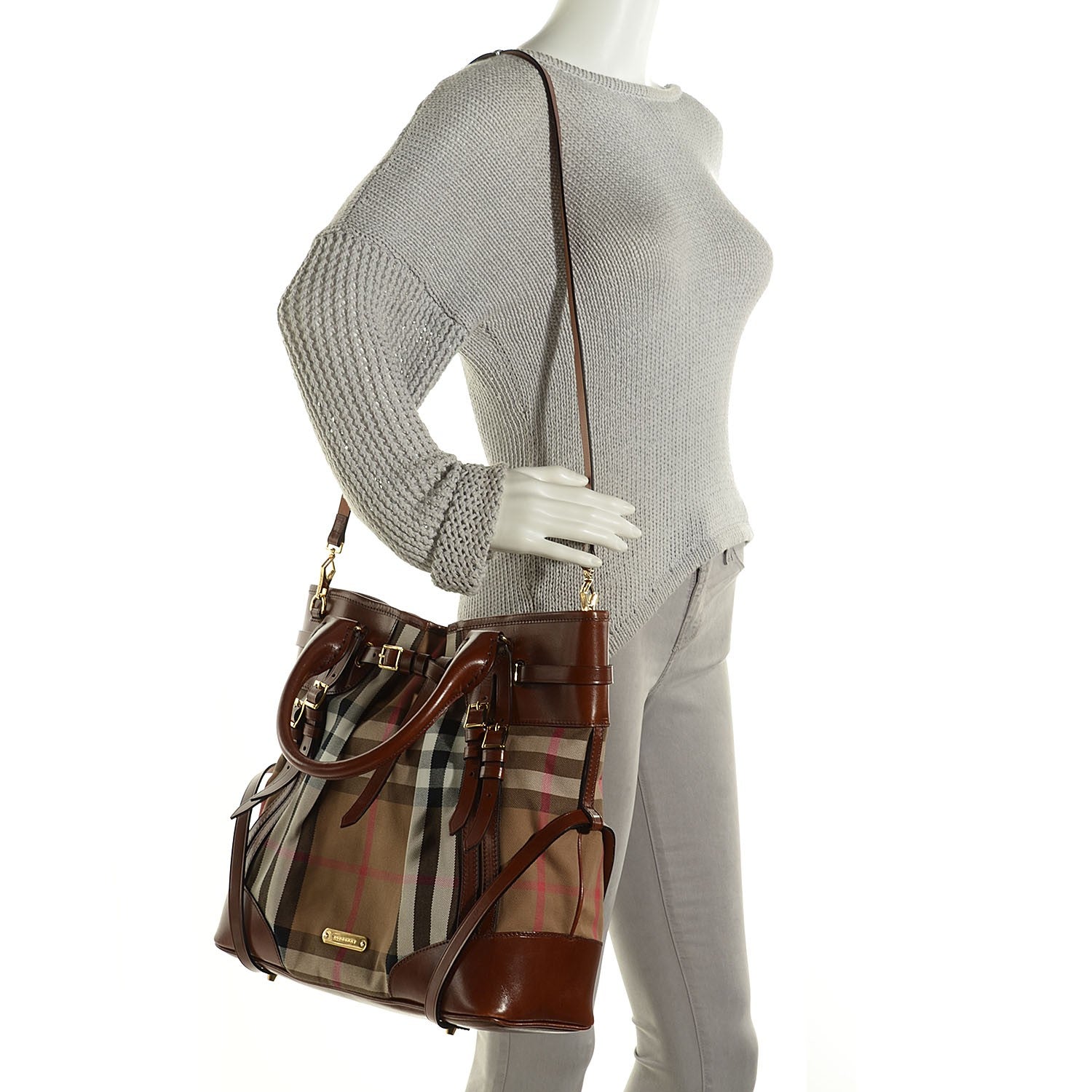 Burberry Bridle Calfskin House Check Large Whipstitch Tote Dark Tan 2 of 11