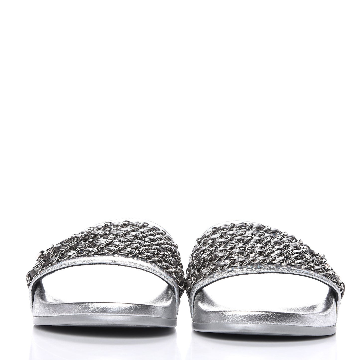 Metallic Lambskin Chain Flat Sandals 38 Silver