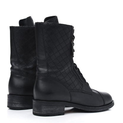 Chanel Calfskin Quilted Lace Up Combat Boots 40 Black 4 of 11