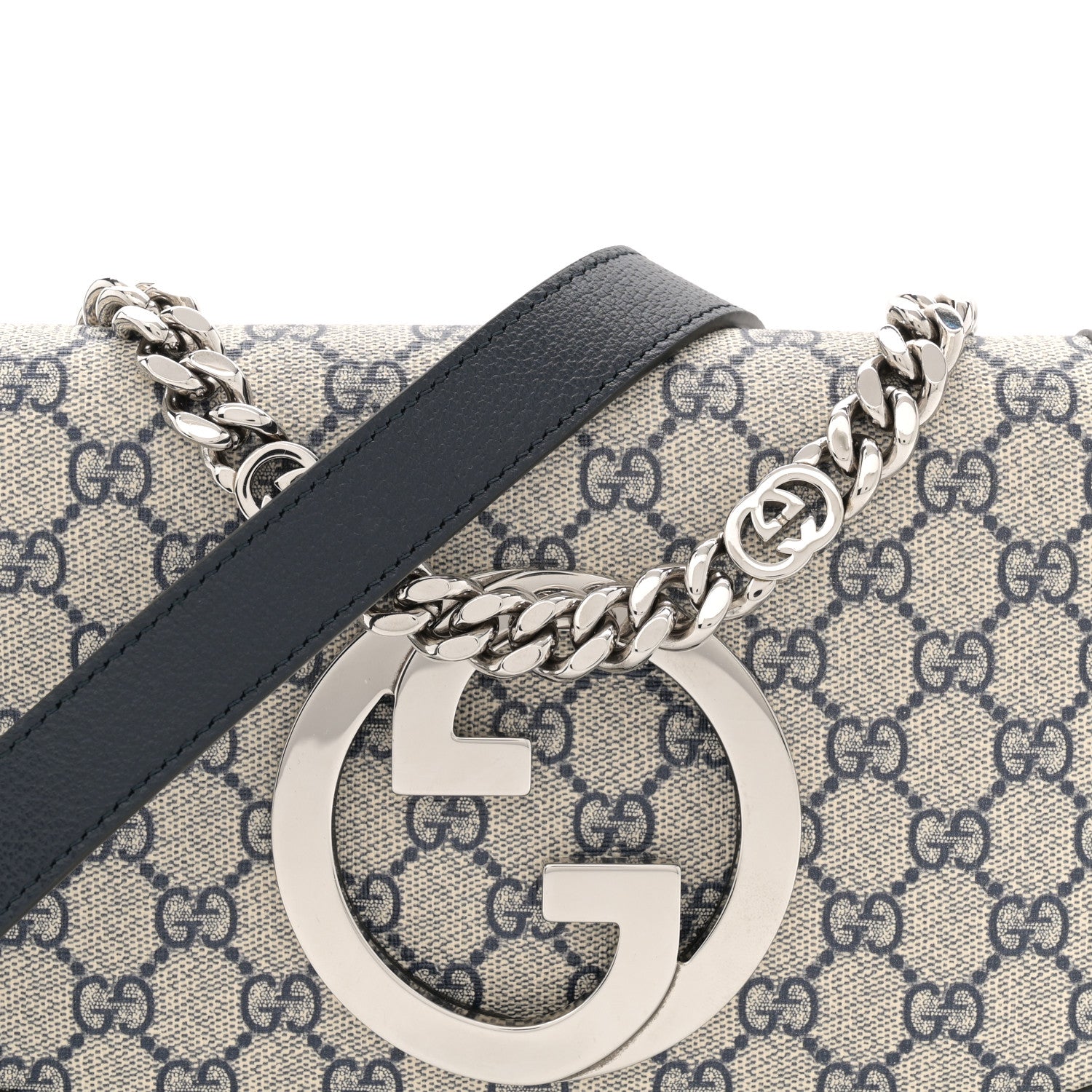 Gucci GG Supreme Monogram Textured Dollar Calfskin Blondie Chain Shoulder Flap Bag Beige Blue 8 of 12